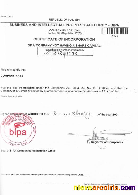 Namibia Certificate of Corporation